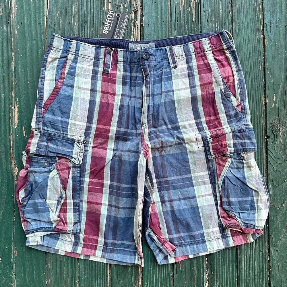 Griffith Mens Plaid‎ Cargo Shorts Blue Burgundy Green Size 36 New With Tags